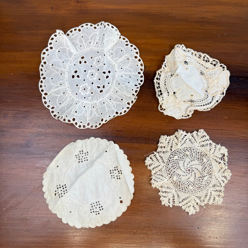 Vintage Mixed Lace Doily Lot 4pc White Cream Crochet Eyelet Junk Journal Decor